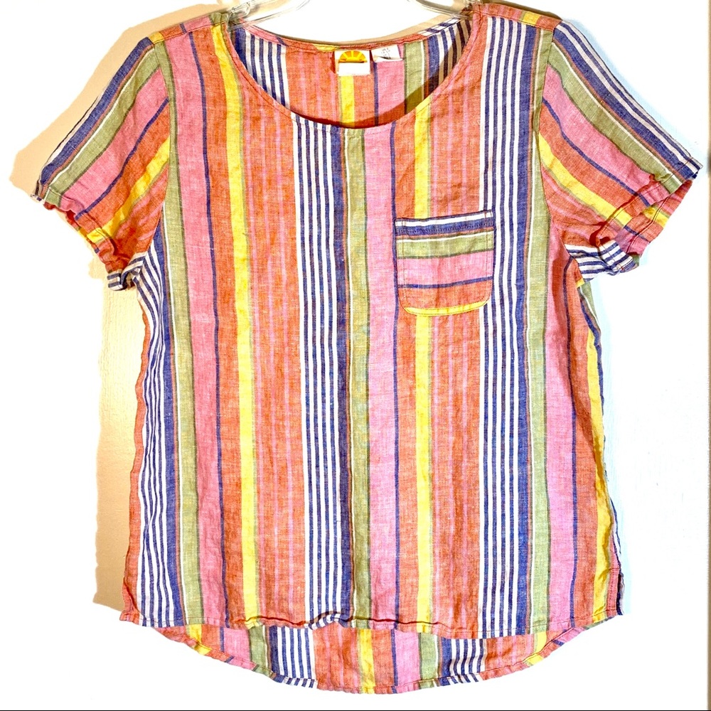 C&C California Pink Striped Linen SZ Small Top